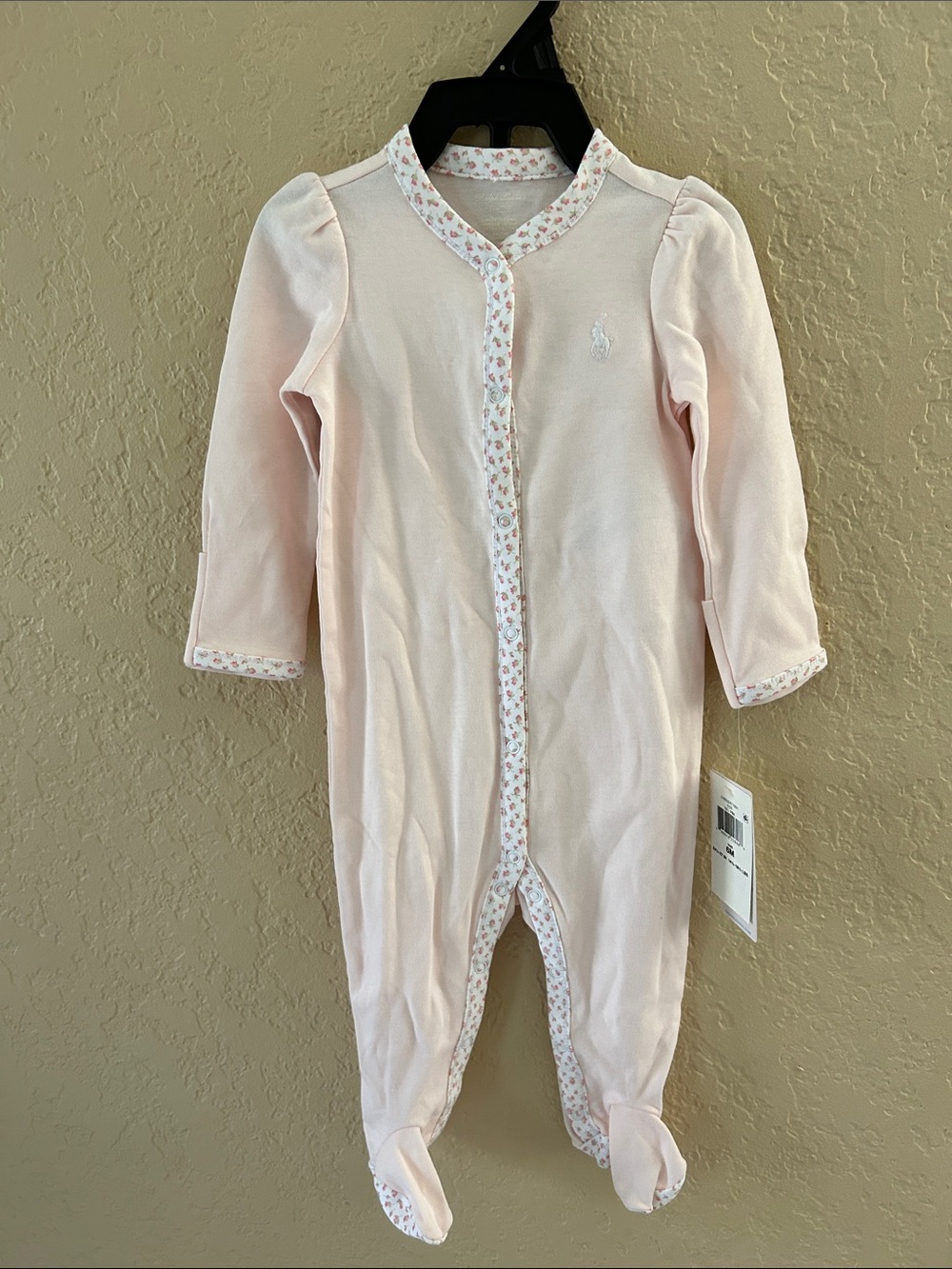 Ralph Lauren Pale Pink Floral-Trim Footed One-Piece, 6M